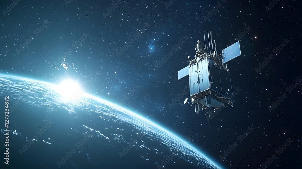 Aufkleber modern communication satellite floating in the serene vastness of the starry nightsky transmitting a
