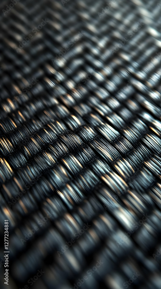 Poster close up of woven synthetic fibers with a metallic sheen in deep focus macro