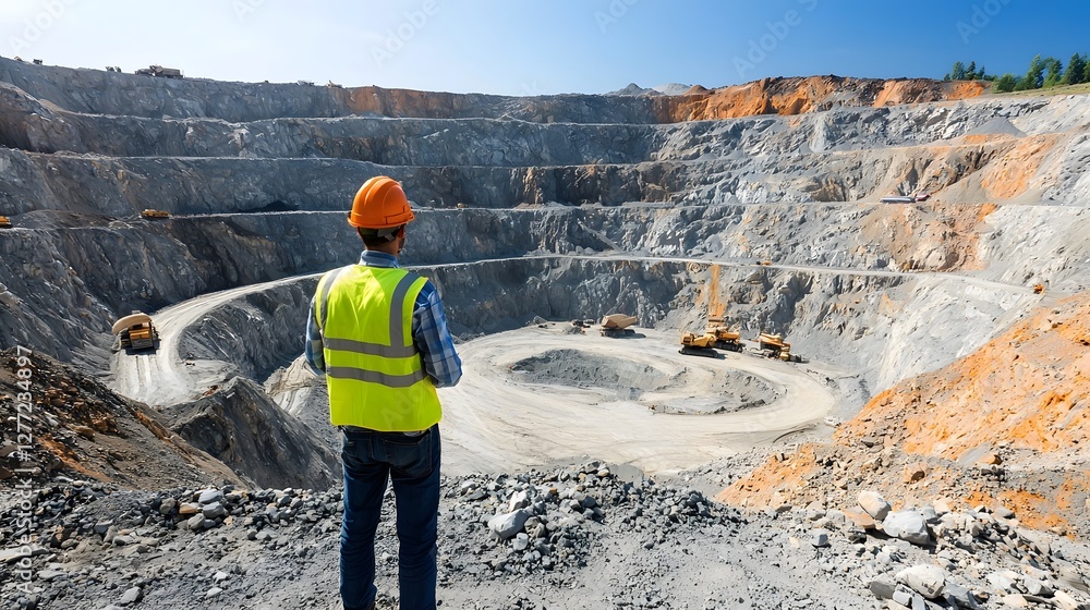 Poster mining engineer wearing safety vest and helmet standing at an active open pit mine site overseeing q
