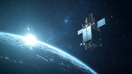 Naklejka premium Modern Communication Satellite Floating in the Serene Vastness of the Starry Nightsky Transmitting and Relaying Data Across the Cosmic Expanse