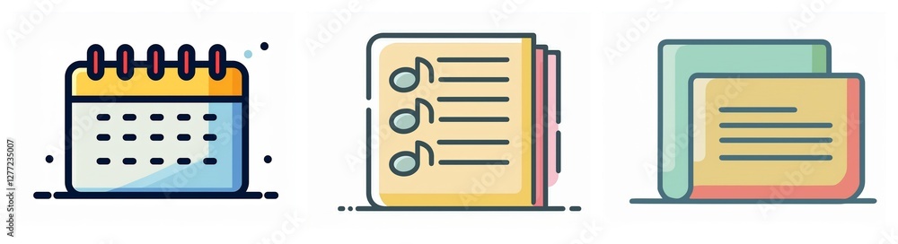 Poster icons of a calendar for scheduling, notepad with music notes for ideas, and folder for file organiza