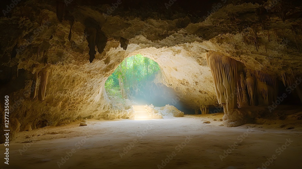 Poster Mysterious and Captivating Cave Tunnel with Glowing Light at the Exit Surrounded by Stalactite Rock Formations A Natural Wonder of Geological Erosion and