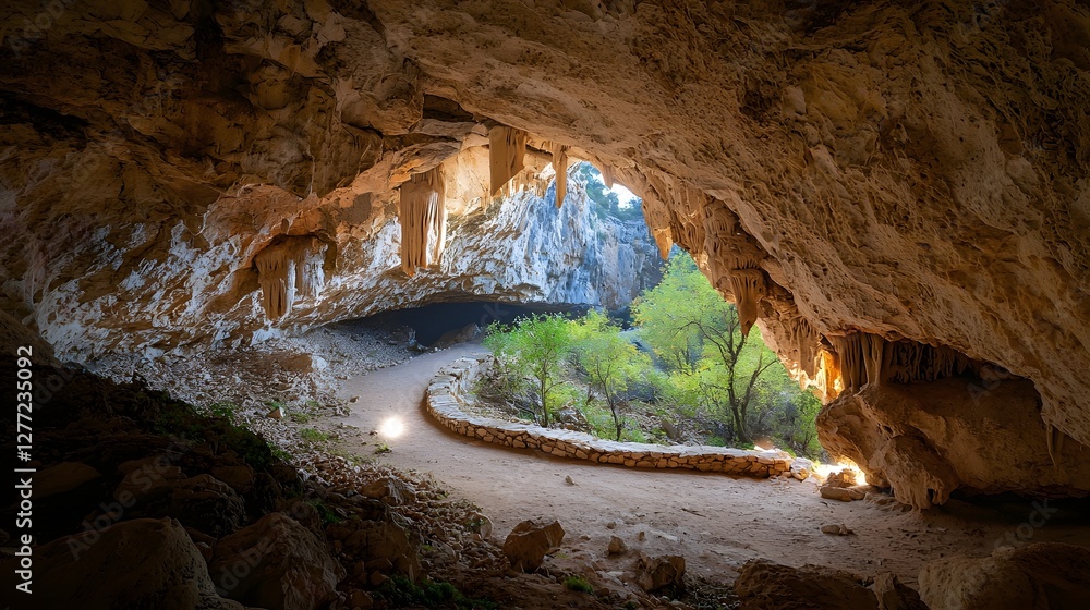 Aufkleber Mysterious and captivating cave tunnel with stunning stalactite formations and a soft glowing light at the exit creating a serene and enchanting atmosphere for and adventure