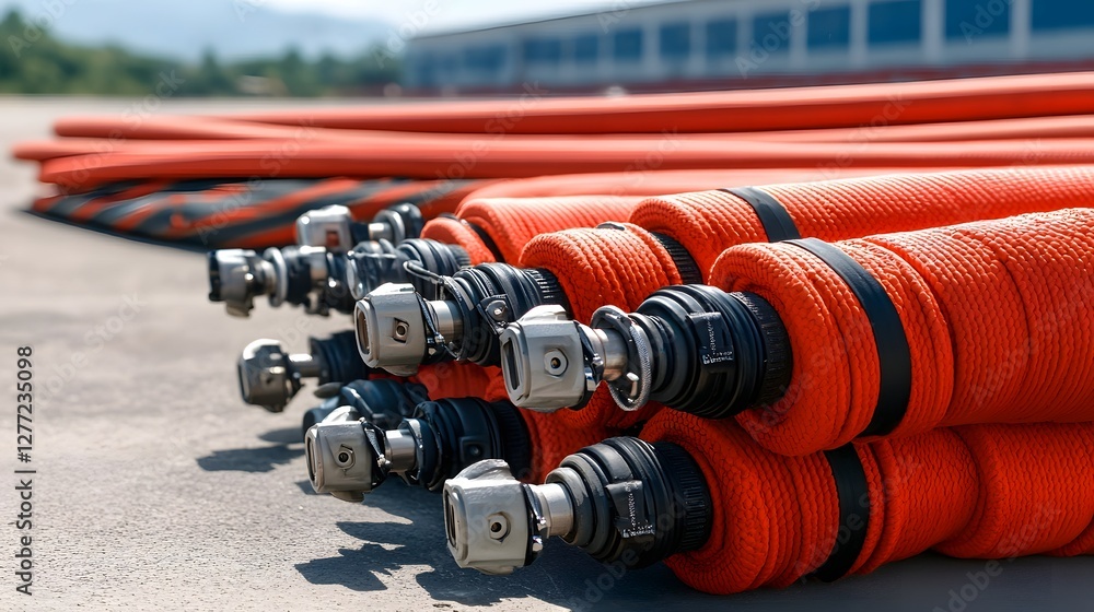Poster neatly stacked and coiled industrial fire hoses with visible connectors ready for emergency use or s