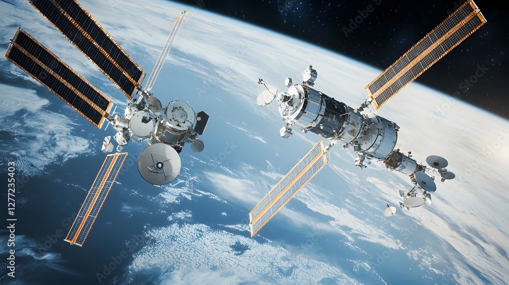 Aufkleber orbiting space station managing multiple communication satellites in outer space environment