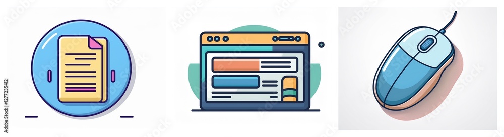 Fototapete Digital icons illustrate office tasks with a file document, an internet browser for web access, and a mouse for computer input.