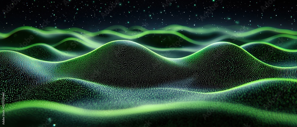 Aufkleber glowing green waves representing blockchain network and sustainable innovation in a futuristic digit