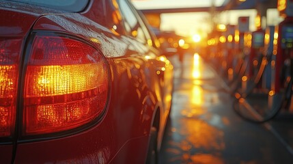 Red car tail light at gas station sunset