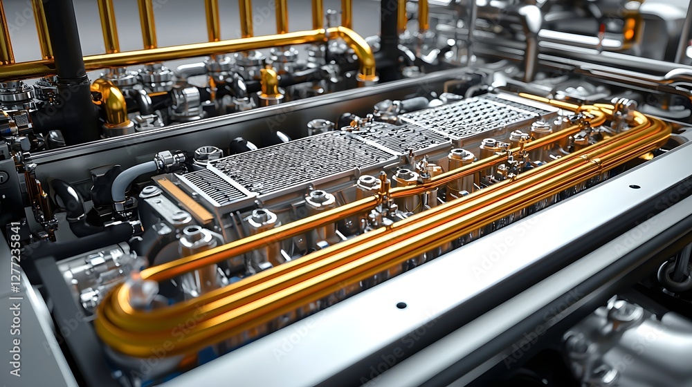 Poster photo of a chrome radiator cooling system used in aircraft engines close up view showcasing the intr