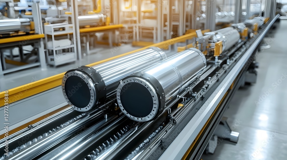 Poster photo of a factory conveyor belt transporting large metallic cooling system components and parts through an industrial production facility or workshop