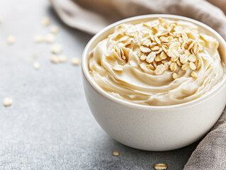 Creamy yogurt with oats in a bowl on a textured surface.