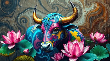 Rich burgundy and deep blue.  Stylized bull with multicolored swirling patterns stands in lotus pond.  