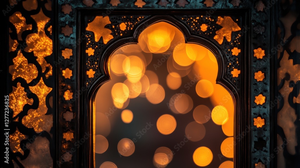 Poster glowing bokeh effect through ornate lantern window design