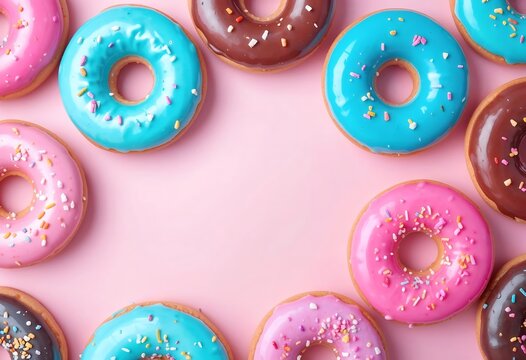 Colorful donuts with pink and blue icing arranged on a pastel pink background, topped with sprinkles, creating a vibrant and cheerful design.