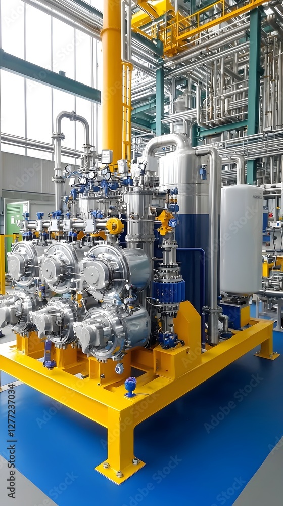 Poster photograph showcasing a complex heat exchanger system within an industrial chemical processing plant highlighting the intricate piping valves and engineering components that enable efficient and safe