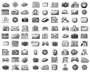 Collection of grayscale icons presenting various concepts, including technology, business, and general symbols, suitable for diverse applications.