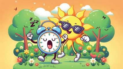 Obraz premium Sleepy Alarm Clock, A sleepy alarm clock character yawning as its hands is moved forward by a cheerful sun wearing sunglasses, with a springtime garden in the background 