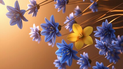 a warm climate and warm light enveloping the scene. Blue flowers are suspended in mid-air