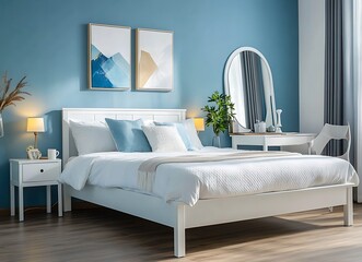 A bright bedroom with light blue walls, a white bed and bedside table, a coffee cup on the nightstand, a small green  