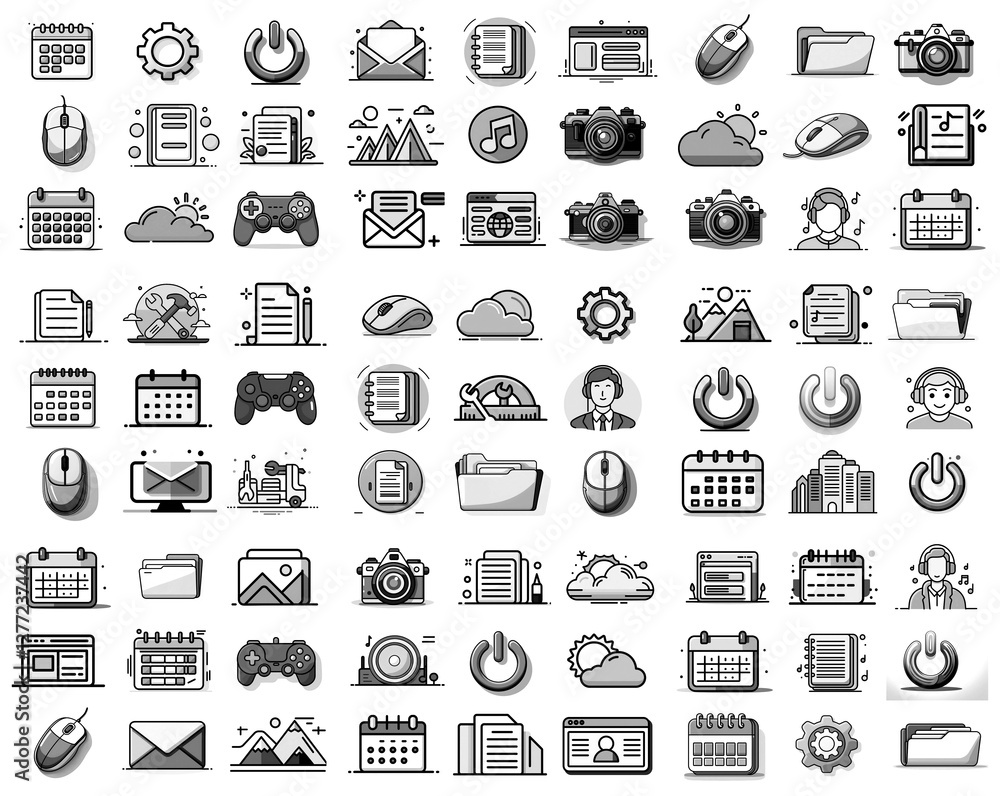 Poster grayscale icons depicting computer functions, symbols, objects. includes calendar, gear, power, emai