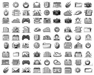 Grayscale icons depicting computer functions, symbols, objects. Includes calendar, gear, power, email, lists, browser, mouse, folder, cloud, gamepad, camera, music, buildings, and person.