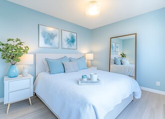 A bright bedroom with light blue walls, a white bed and bedside table, a coffee cup on the nightstand, a small green plant in a vase, 