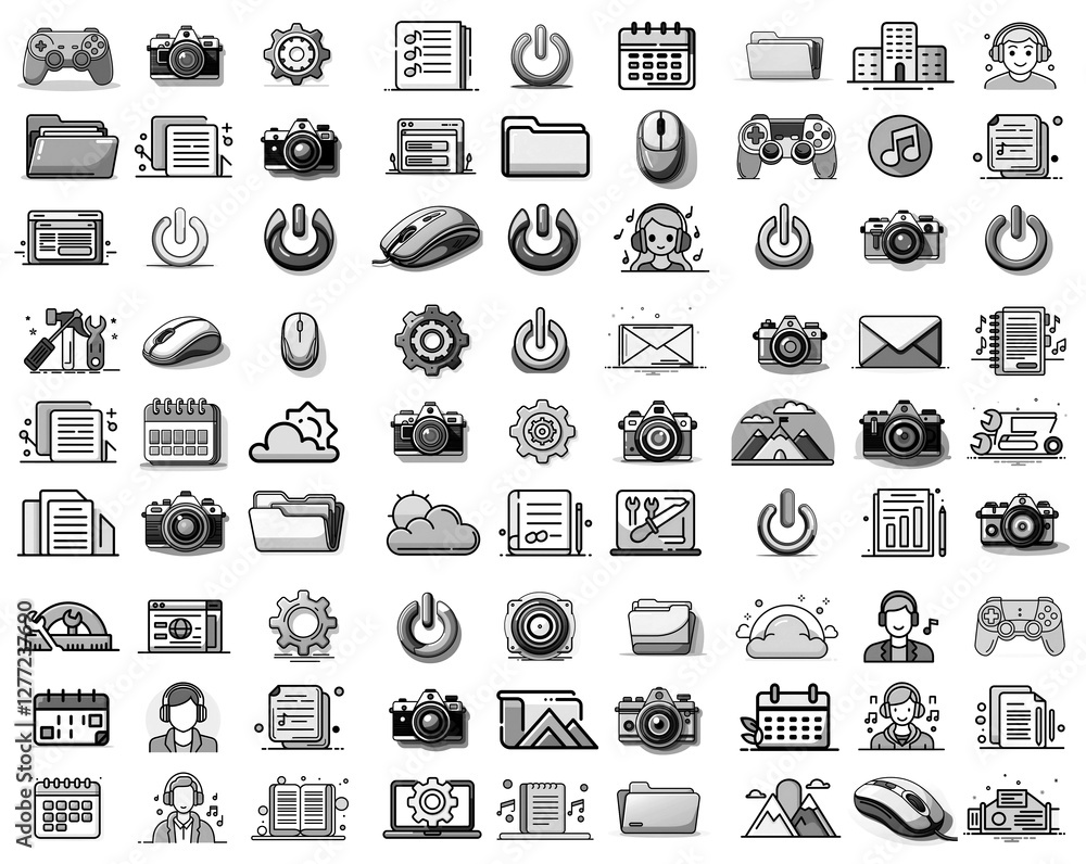 Poster monochromatic icon set with various symbols. includes items like camera, controller, folder, calenda
