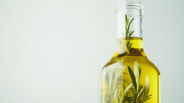 Close up of small bottle of flavored olive oil with fresh herbs for culinary use