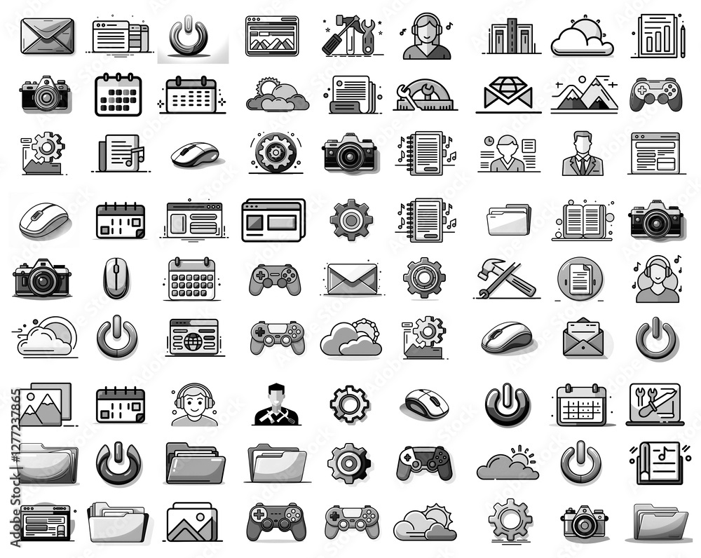 Poster Monochrome icon collection depicting various digital functions and user interface elements like email, camera, settings, calendar, and more.