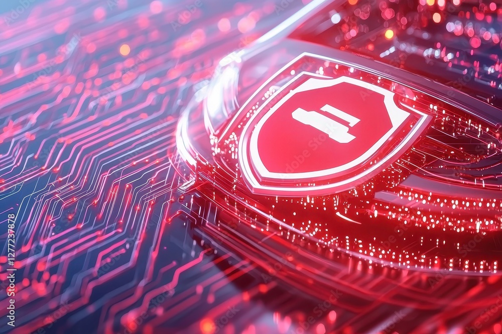 Poster a digital shield emblem glows in red against a backdrop of intricate circuitry, symbolizing cybersec