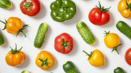 Fresh organic vegetables arrangement featuring tomatoes, cucumbers, and peppers for healthy eating and cooking