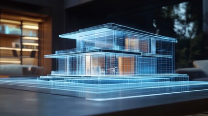 Holographic house model, modern interior design, virtual architecture, presentation,  3D design