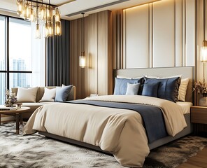A bright, modern bedroom with light wood and blue accents, featuring an elegant bed with plush beige bedding, soft, fluffy carpe 