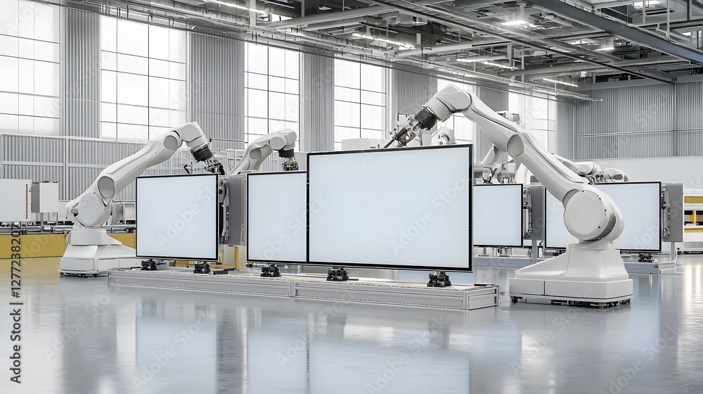 Poster Robotic arms precisely manipulating and transporting fragile TV display panels in a high tech automated manufacturing environment