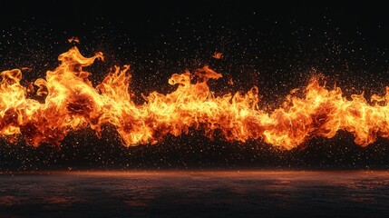 Fiery flames cascade over dark surface