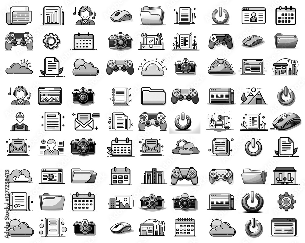 Poster Monochrome icon set displaying diverse symbols for computer, tech, office, and general use in a simple outline style.