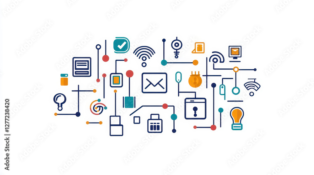 Poster explore the future of connectivity with vivid, flat icons illustrating the internet of things and ne