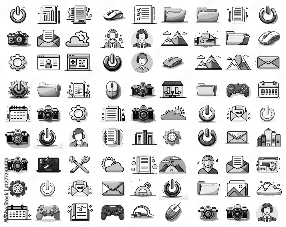 Aufkleber Collection of assorted grayscale icons depicting technology, office, communication, and settings in a structured grid layout.