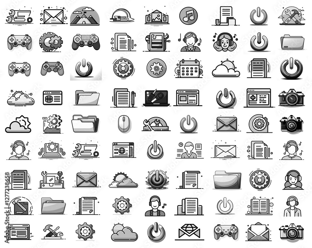 Poster a collection of monochrome icons depicting various digital and functional symbols. includes elements