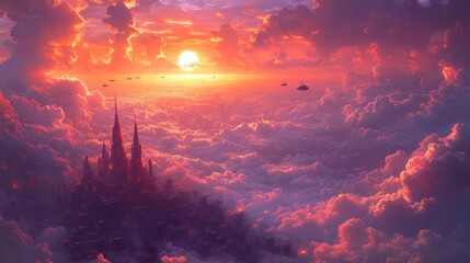 Floating castles and airships drift through a glowing sunset sky over an endless sea of clouds, creating a sense of awe and wonder.

