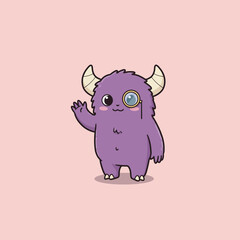 Cute Cartoon Monster Waving Wearing Monocle Illustration on Pink Background