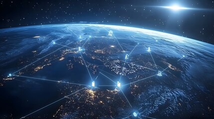 Satellite beams shimmering in the night sky connecting a network of luminous intelligent smart cities across the globe  This visionary