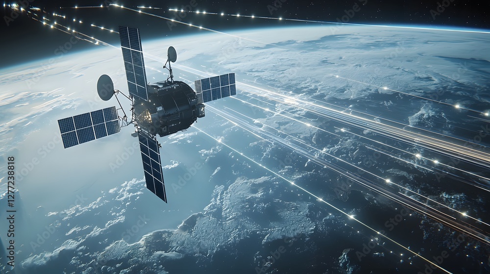 Fototapete satellite network transmitting digital signals and data across continents with glowing light trails 