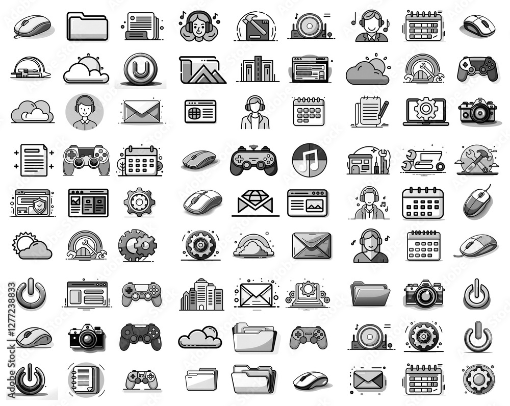 Aufkleber collection of monochrome icons featuring various computer elements, symbols, and interface designs, 