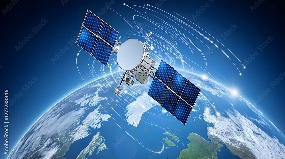 Leinwandbilder satellite network transmitting digital signals and data across continents with vibrant luminous ligh