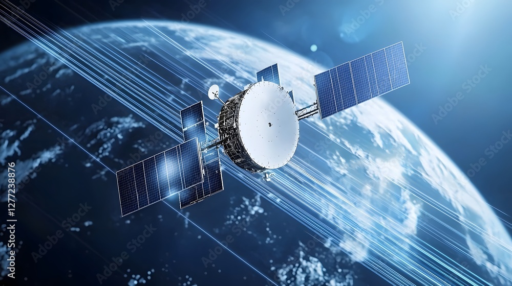 Poster Satellite Network Transmitting Signals Across Continents with Digital Light Trails Showcasing Advanced Global Communication Technology and Infrastructure