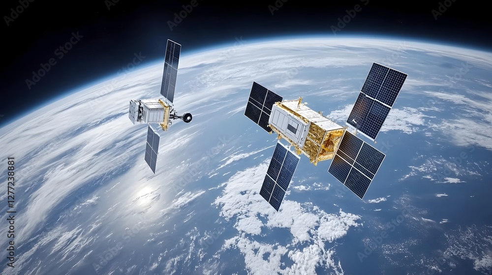 Leinwandbilder satellite technology and cloud computing concept with digital network infrastructure wireless commun