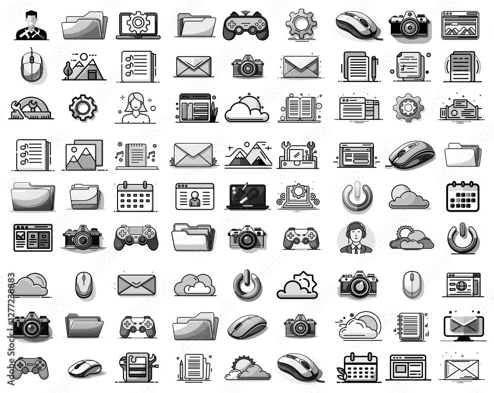 Aufkleber Collection of black and white digital icons representing various computer and office related objects. Used for interface and design.
