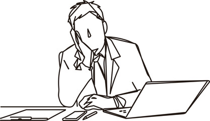 デスクで考え込む男性の一筆書き線画イラスト