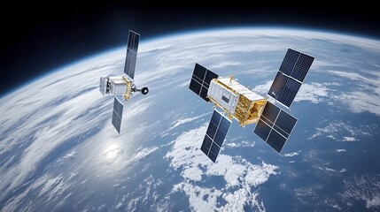 Fototapeta premium Satellite technology and cloud computing concept with digital network infrastructure wireless communication and global connectivity for modern technology and scientific advancement
